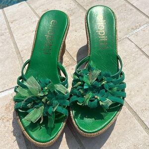 Green Slides Wedges Flower Ribbon Details Size 8 Platform Open Toe Elio Pitti
